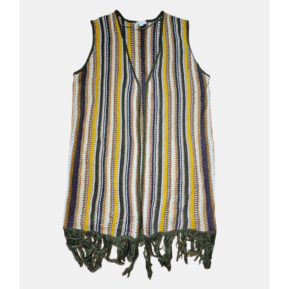 Cato Crochet Fringe Trim Vest XL Stripes Coastal Boho Festival Hippy Acrylic EUC